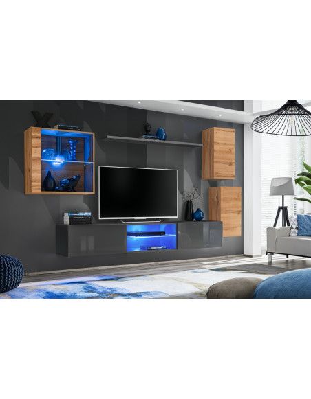Ensemble meuble TV mural Switch XXIII - L 250 x P 40 x H 140 cm - Gris et marron