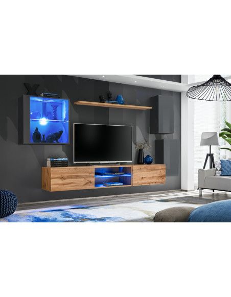 Ensemble meuble TV mural Switch XXIII - L 250 x P 40 x H 140 cm - Marron et gris