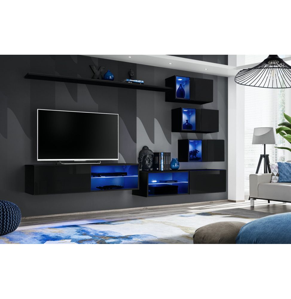 Ensemble meuble TV mural Switch XXIV - L 260 x P 40 x H 170 cm - Noir