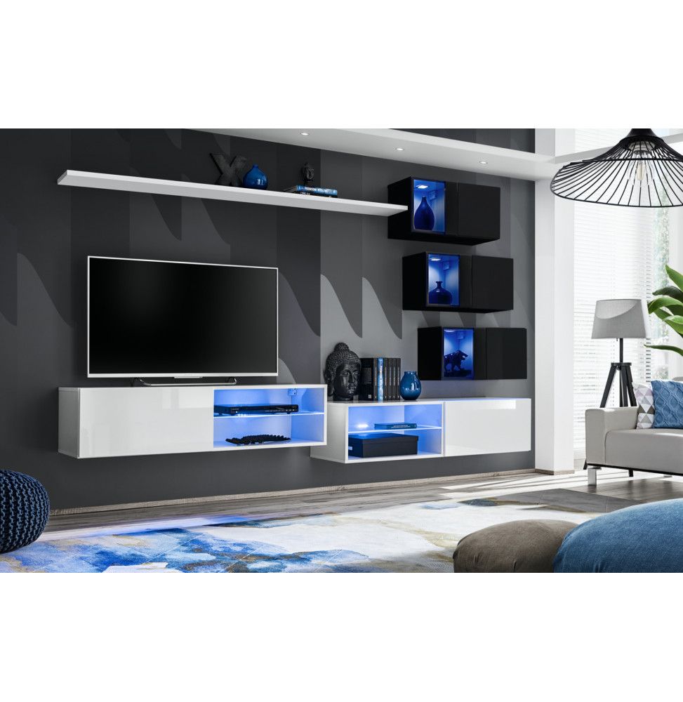 Ensemble meuble TV mural Switch XXIV - L 260 x P 40 x H 170 cm - Blanc et noir