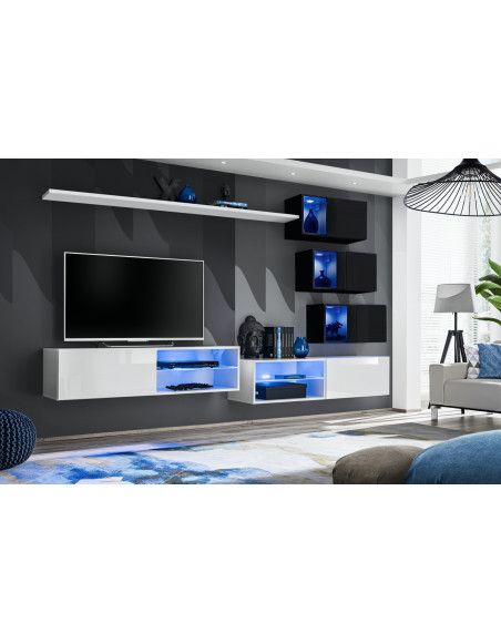 Ensemble meuble TV mural Switch XXIV - L 260 x P 40 x H 170 cm - Blanc et noir