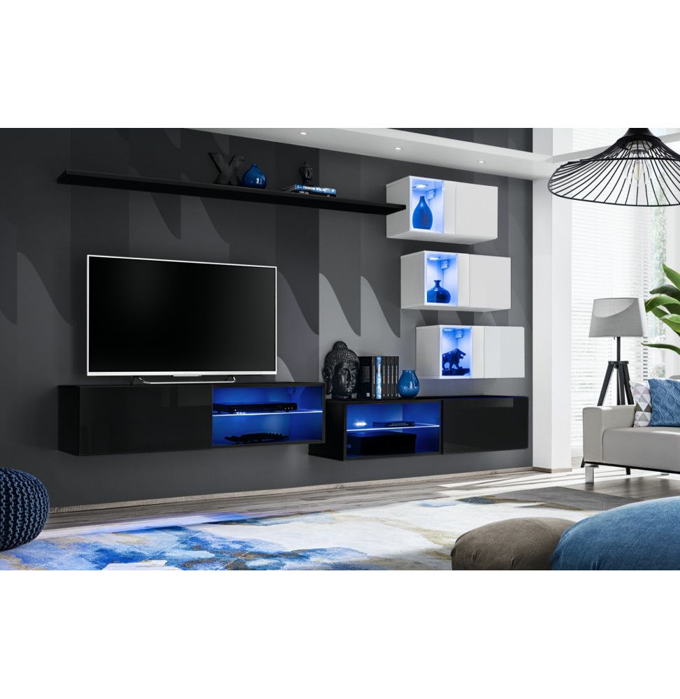 Ensemble meuble TV mural Switch XXIV - L 260 x P 40 x H 170 cm - Noir et blanc