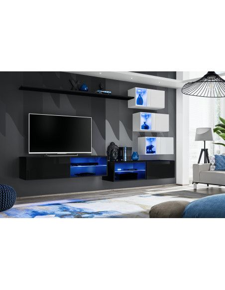 Ensemble meuble TV mural Switch XXIV - L 260 x P 40 x H 170 cm - Noir et blanc