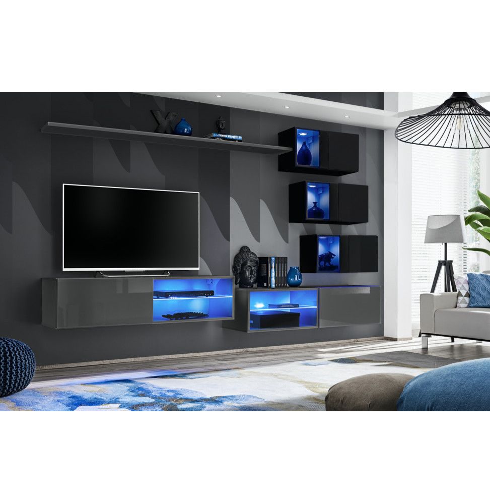 Ensemble meuble TV mural Switch XXIV - L 260 x P 40 x H 170 cm - Gris et noir