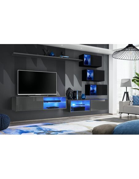 Ensemble meuble TV mural Switch XXIV - L 260 x P 40 x H 170 cm - Gris et noir