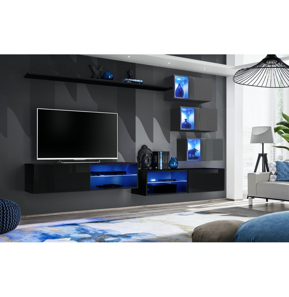 Ensemble meuble TV mural Switch XXIV - L 260 x P 40 x H 170 cm - Noir et gris