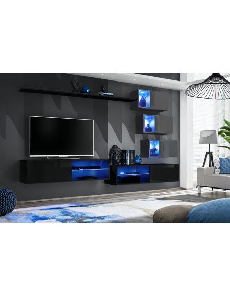 Ensemble meuble TV mural Switch XXIV - L 260 x P 40 x H 170 cm - Noir et gris