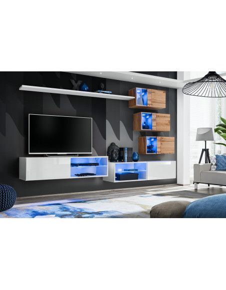 Ensemble meuble TV mural Switch XXIV - L 260 x P 40 x H 170 cm - Blanc et marron