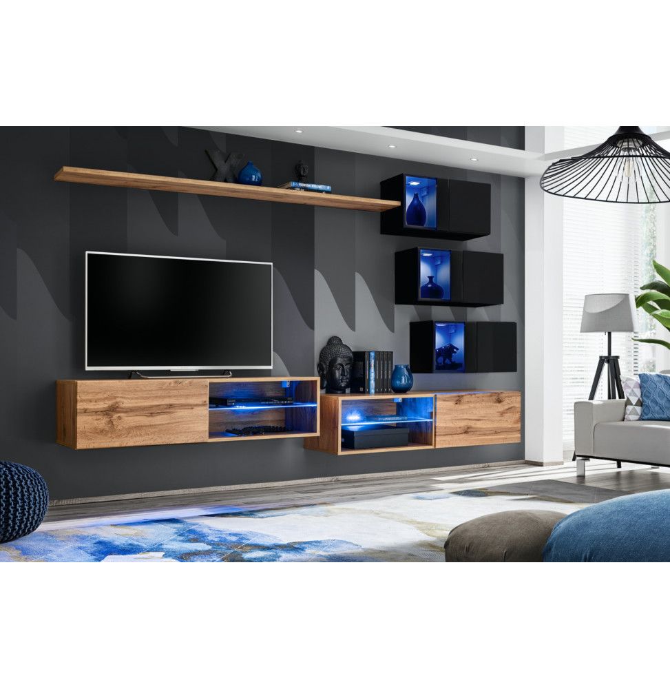 Ensemble meuble TV mural Switch XXIV - L 260 x P 40 x H 170 cm - Marron et noir