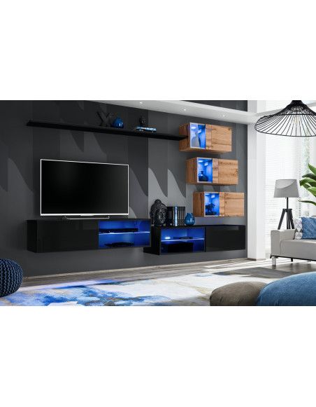 Ensemble meuble TV mural Switch XXIV - L 260 x P 40 x H 170 cm - Noir et marron