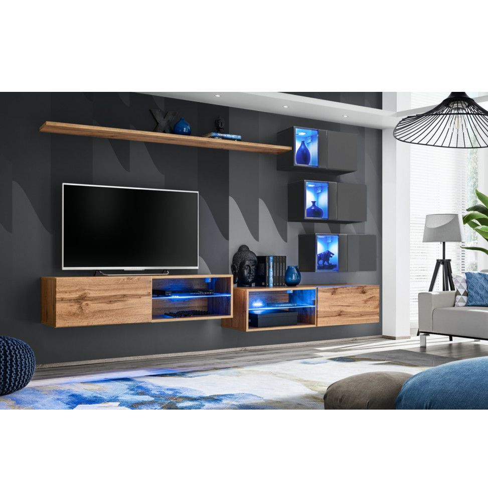 Ensemble meuble TV mural Switch XXIV - L 260 x P 40 x H 170 cm - Marron et gris