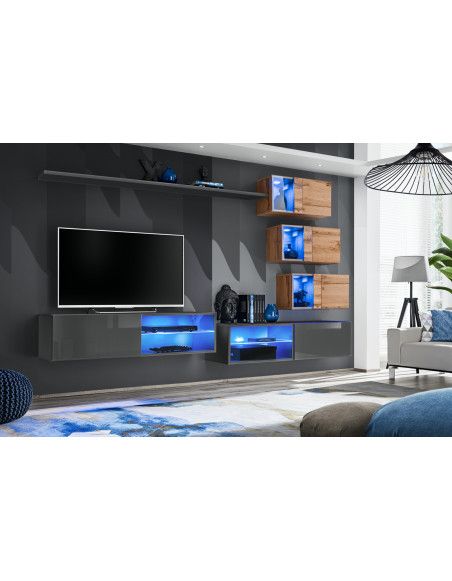 Ensemble meuble TV mural Switch XXIV - L 260 x P 40 x H 170 cm - Gris et marron