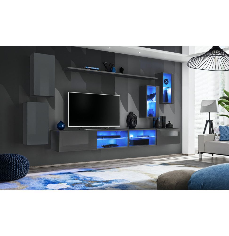 Ensemble meuble TV mural Switch XXV - L 280 x P 40 x H 140 cm - Gris