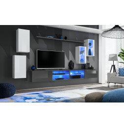 Ensemble meuble TV mural Switch XXV - L 280 x P 40 x H 140 cm - Gris et blanc