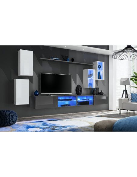 Ensemble meuble TV mural Switch XXV - L 280 x P 40 x H 140 cm - Gris et blanc