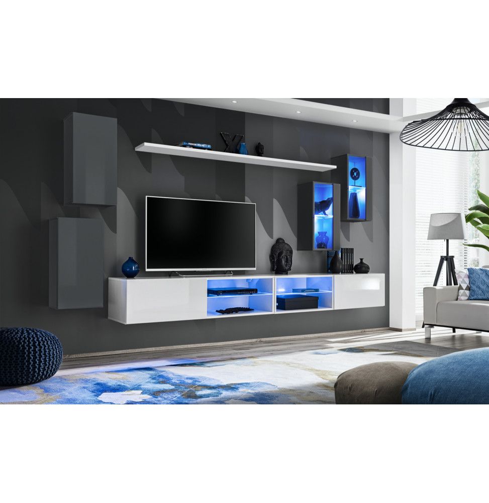 Ensemble meuble TV mural Switch XXV - L 280 x P 40 x H 140 cm - Blanc et gris