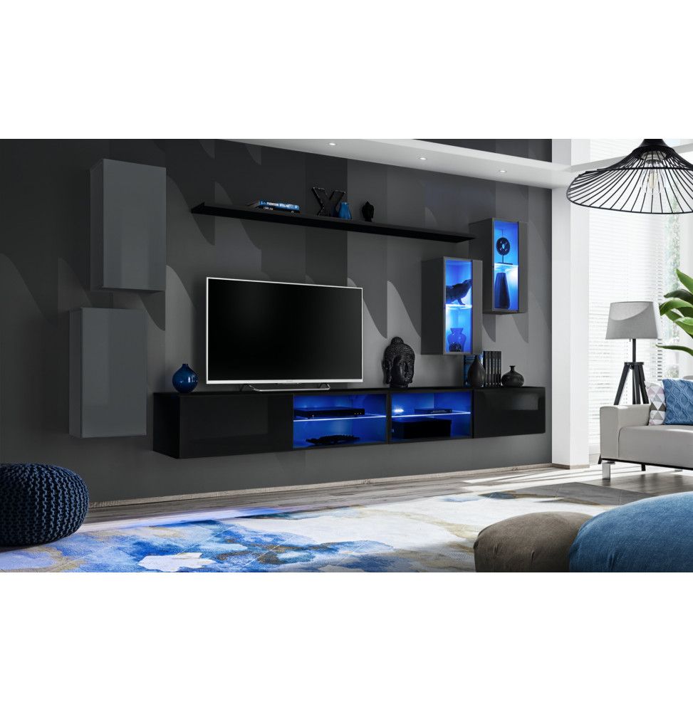 Ensemble meuble TV mural Switch XXV - L 280 x P 40 x H 140 cm - Gris et noir