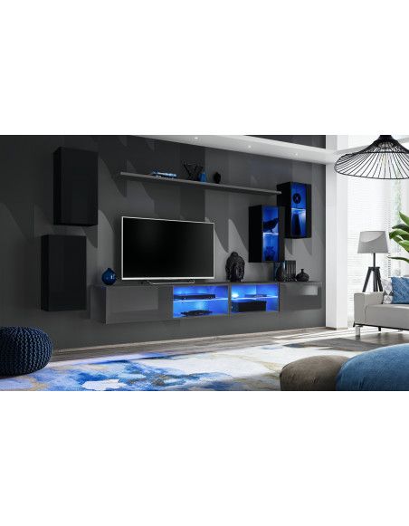 Ensemble meuble TV mural Switch XXV - L 280 x P 40 x H 140 cm - Noir et gris