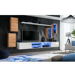 Ensemble meuble TV mural Switch XXV - L 280 x P 40 x H 140 cm - Blanc et marron