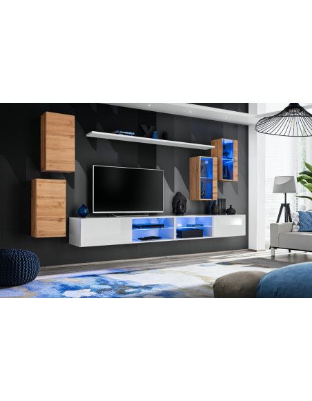 Ensemble meuble TV mural Switch XXV - L 280 x P 40 x H 140 cm - Blanc et marron