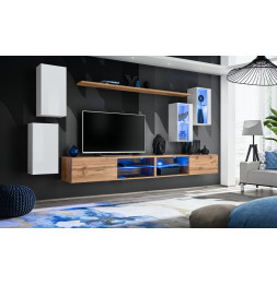 Ensemble meuble TV mural Switch XXV - L 280 x P 40 x H 140 cm - Marron et blanc