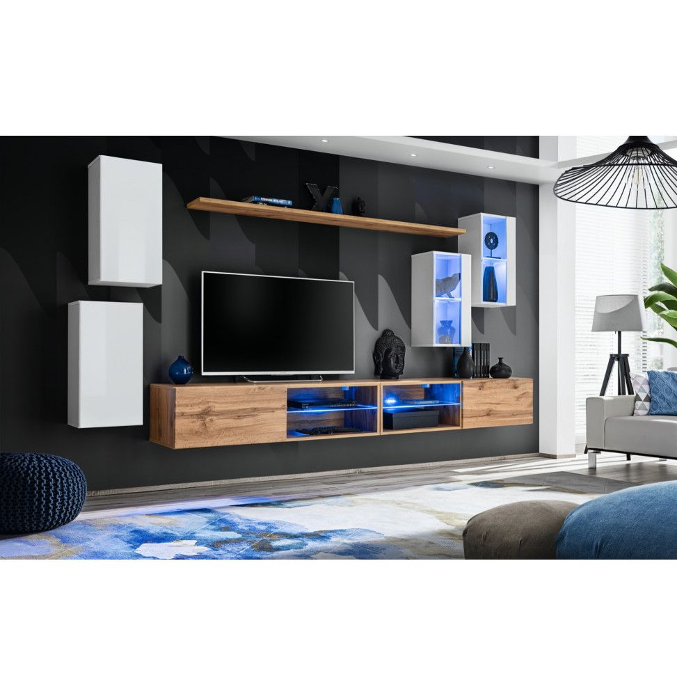 Ensemble meuble TV mural Switch XXV - L 280 x P 40 x H 140 cm - Marron et blanc