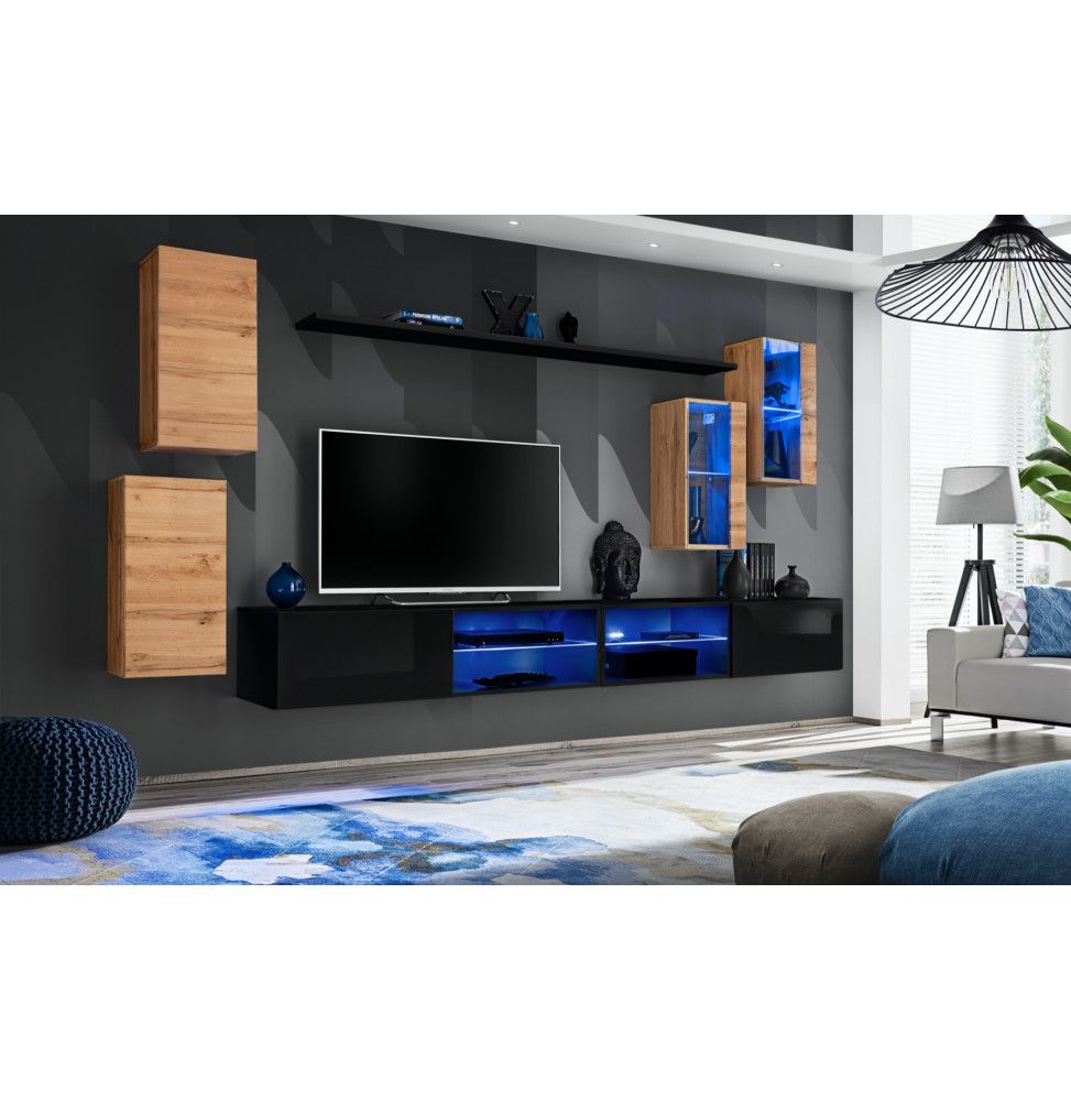 Ensemble meuble TV mural Switch XXV - L 280 x P 40 x H 140 cm - Noir et marron