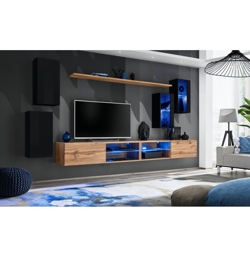 Ensemble meuble TV mural Switch XXV - L 280 x P 40 x H 140 cm - Marron et noir