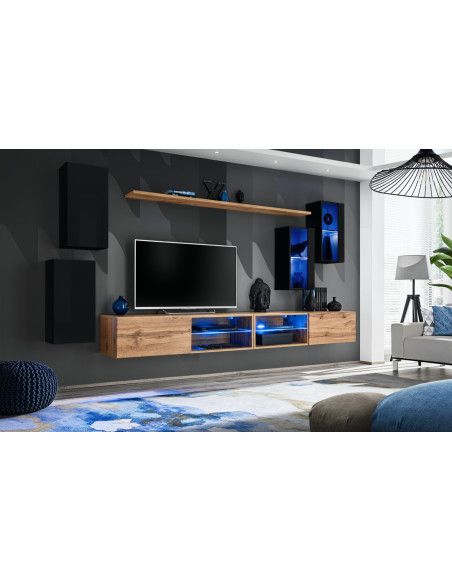 Ensemble meuble TV mural Switch XXV - L 280 x P 40 x H 140 cm - Marron et noir