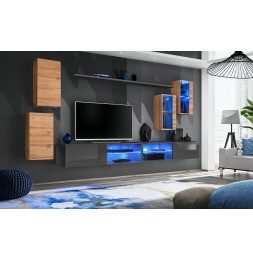 Ensemble meuble TV mural Switch XXV - L 280 x P 40 x H 140 cm - Gris et marron