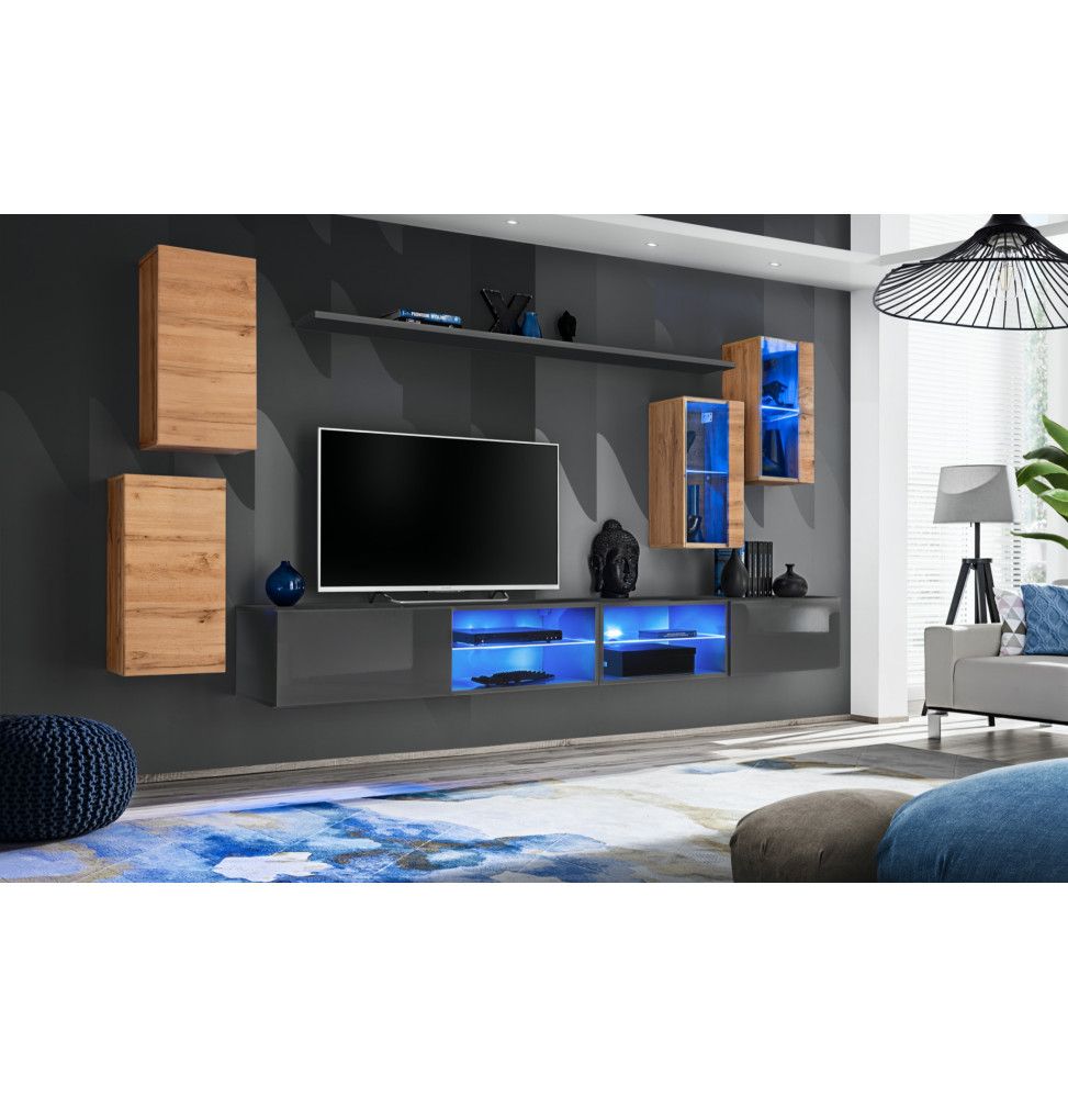 Ensemble meuble TV mural Switch XXV - L 280 x P 40 x H 140 cm - Gris et marron