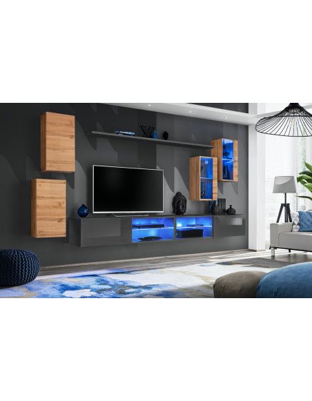 Ensemble meuble TV mural Switch XXV - L 280 x P 40 x H 140 cm - Gris et marron