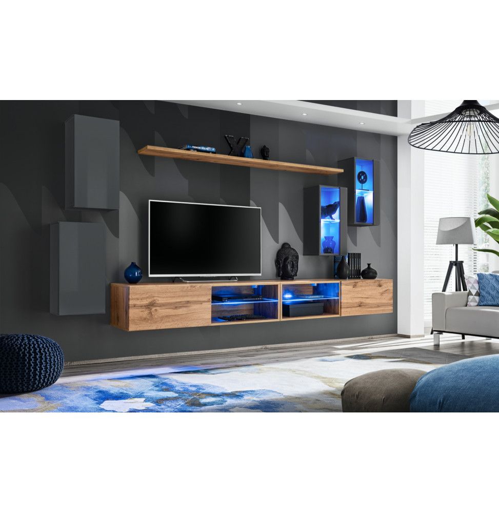 Ensemble meuble TV mural Switch XXV - L 280 x P 40 x H 140 cm - Marron et gris