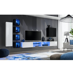 Ensemble meuble TV mural Switch XXVI - L 320 x P 40 x H 150 cm - Blanc et noir