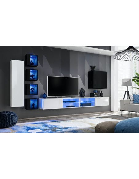 Ensemble meuble TV mural Switch XXVI - L 320 x P 40 x H 150 cm - Blanc et noir
