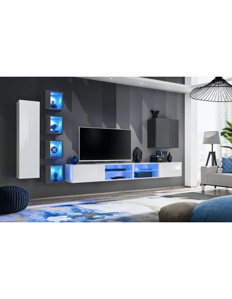 Ensemble meuble TV mural Switch XXVI - L 320 x P 40 x H 150 cm - Gris et blanc