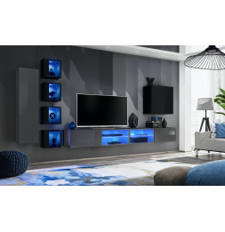 Ensemble meuble TV mural Switch XXVI - L 320 x P 40 x H 150 cm - Gris et noir
