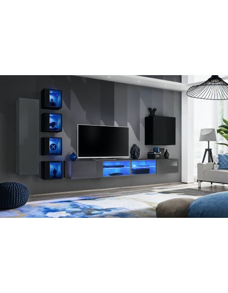 Ensemble meuble TV mural Switch XXVI - L 320 x P 40 x H 150 cm - Gris et noir