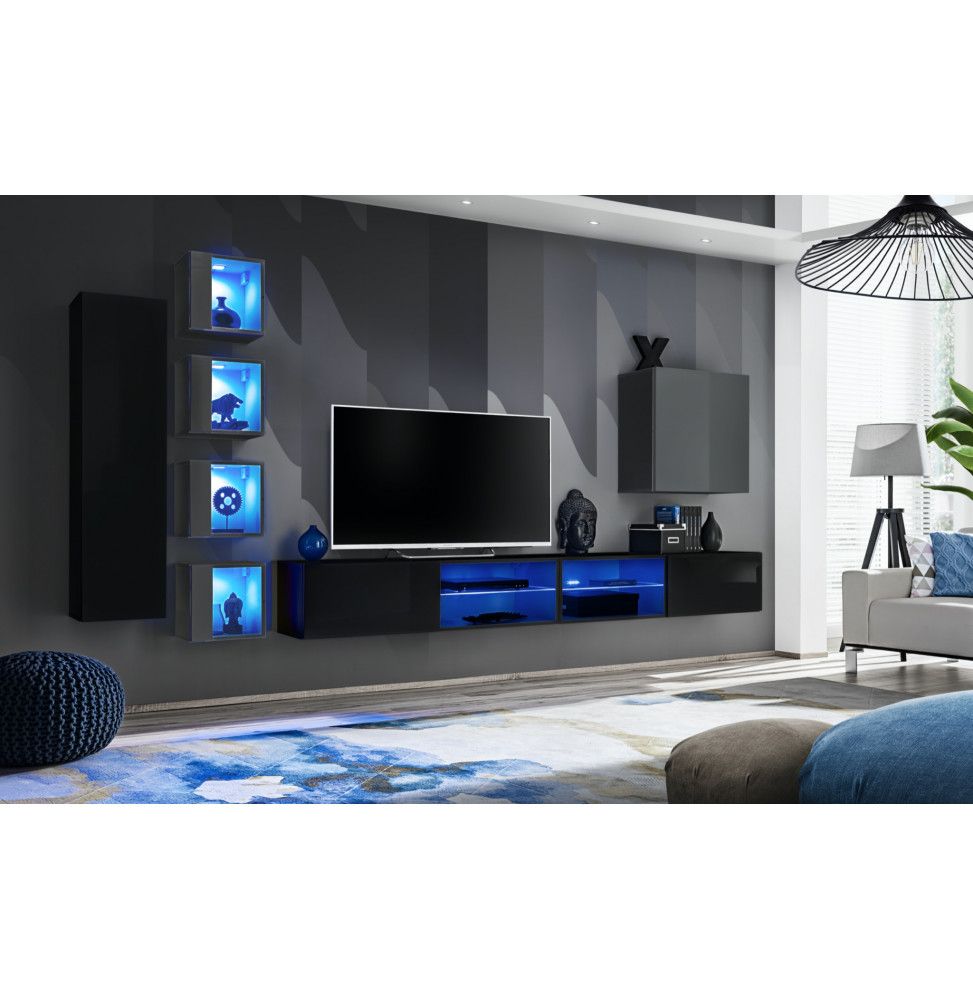 Ensemble meuble TV mural Switch XXVI - L 320 x P 40 x H 150 cm - Noir et gris