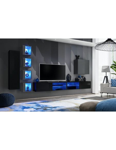 Ensemble meuble TV mural Switch XXVI - L 320 x P 40 x H 150 cm - Noir et gris