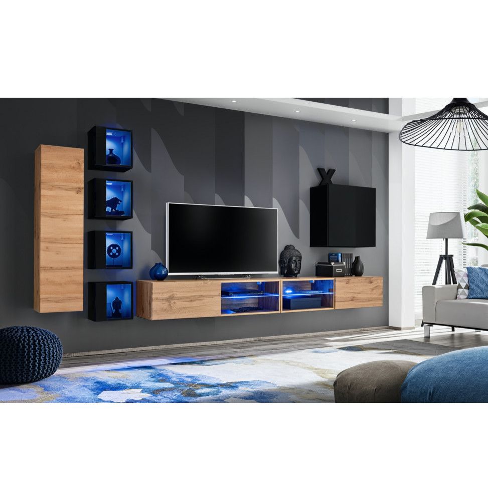 Ensemble meuble TV mural Switch XXVI - L 320 x P 40 x H 150 cm - Noir et marron