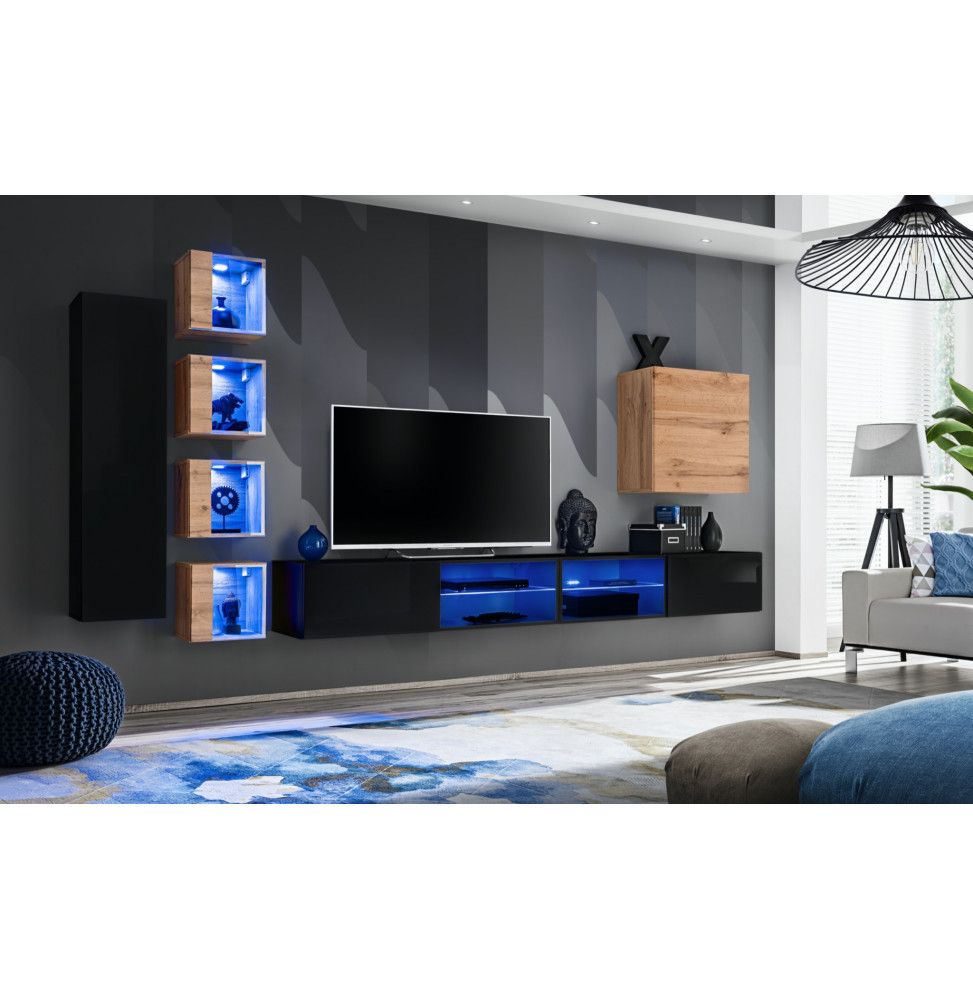 Ensemble meuble TV mural Switch XXVI - L 320 x P 40 x H 150 cm - Marron et noir