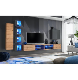 Ensemble meuble TV mural Switch XXVI - L 320 x P 40 x H 150 cm - Gris et marron
