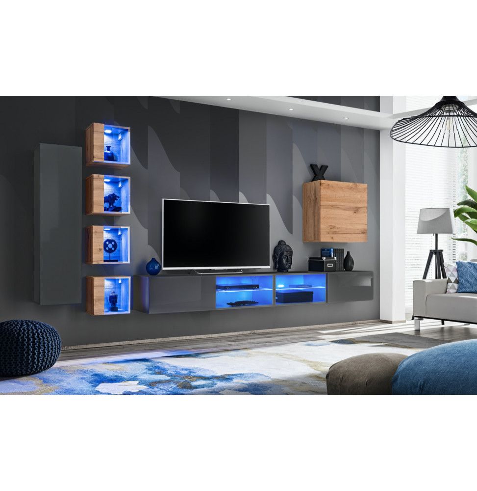 Ensemble meuble TV mural Switch XXVI - L 320 x P 40 x H 150 cm - Marron et gris