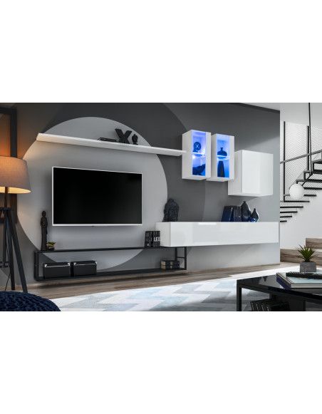 Ensemble meuble TV mural Switch Met I - L 330 x P 40 x H 180 cm - Blanc