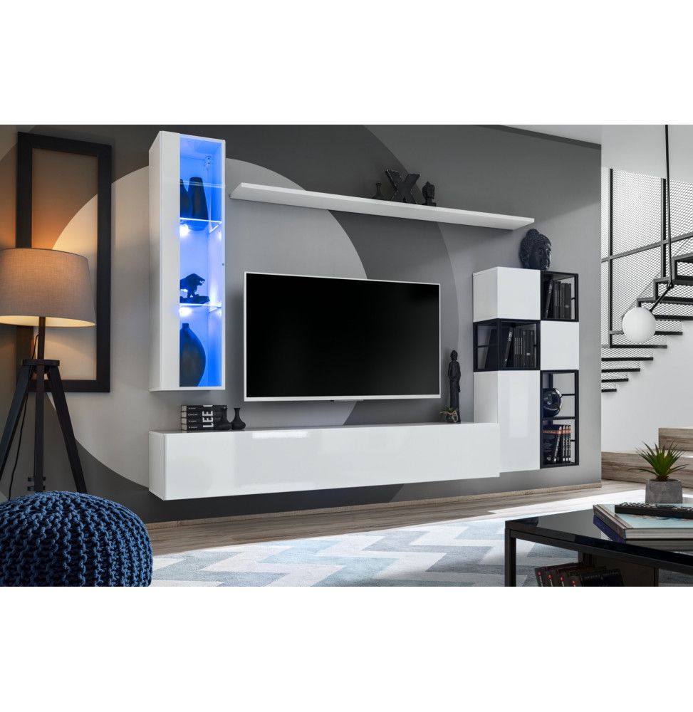 Ensemble meuble TV mural Switch Met II - L 250 x P 40 x H 170 cm - Blanc