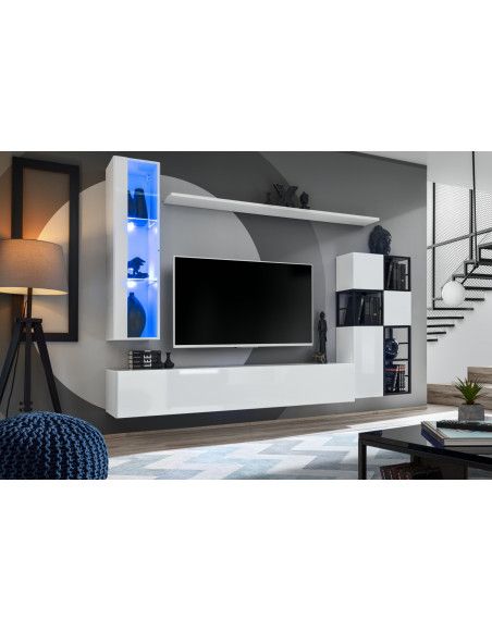Ensemble meuble TV mural Switch Met II - L 250 x P 40 x H 170 cm - Blanc