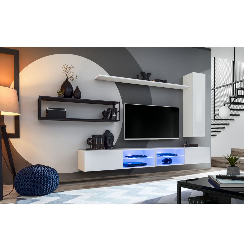 Ensemble meuble TV mural Switch Met IV - L 300 x P 40 x H 170 cm - Blanc