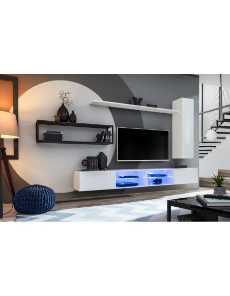 Ensemble meuble TV mural Switch Met IV - L 300 x P 40 x H 170 cm - Blanc