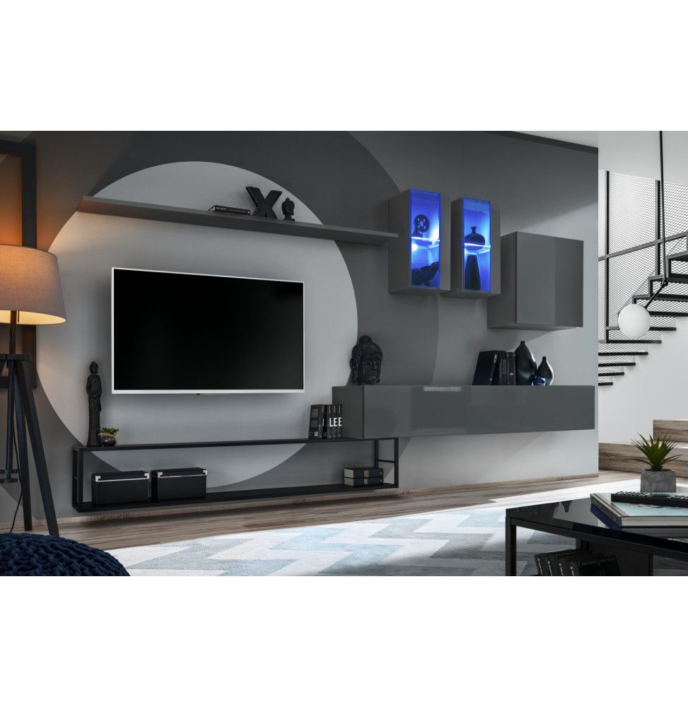 Ensemble meuble TV mural Switch Met I - L 330 x P 40 x H 180 cm - Gris